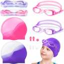 8 Pack Kids Swim Caps for Girls, Silicone Swimming Cap for Age 6-14 with Goggles Ear Plug Nose Clip for Children Boys Girls