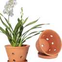 vensovo 8 Inch Terracotta Orchid Pots with Holes and Saucers - 2 Pcs Large Clay Planters for Repotting, Terra Cotta Pot for Plants Indoor and Outdoor Promotes Air Circulation, Brown 