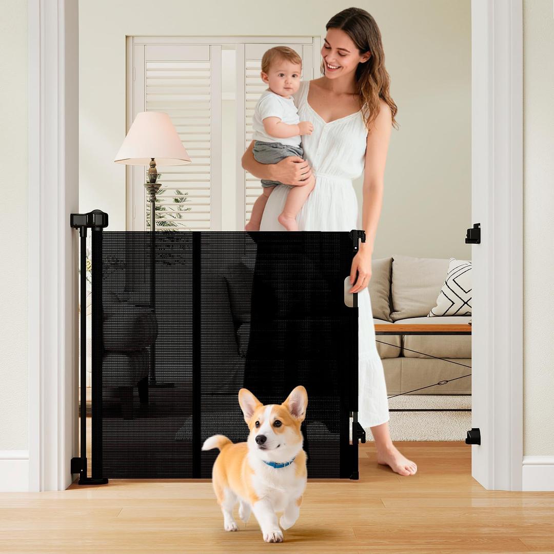 Miumoon One-Hand Operation Retractable Baby Gates, 71 inch Retractable Gate with Reinforced Strip Design to Prevent Crawling Through, 6 FT Retractable Dog Gate for Stairs, Doorways, Hallways, Black