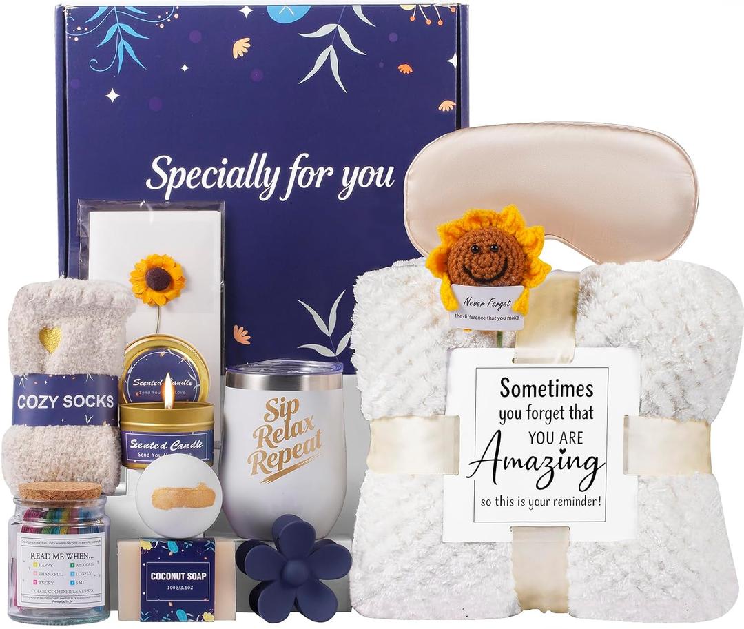 Sunflower Spa Gift Baskets for Women - Mothers Day,Get Well Soon,Self Care,Relaxing Package,Sympathy, Inspirational 11pcs Spa Sets w/Blanket Luxury Gifts for Mom Her Wife Friends Birthday Anniversary