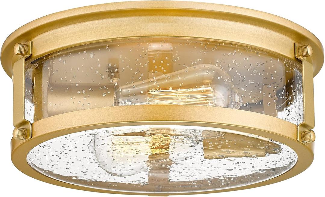 Flush Mount Ceiling Light Fixture, 2 - Lights Farmhouse Ceiling Light, Industrial Seeded Glass Light Fixtures with Metal Cage for Hallway Porch Corridor Kitchen Bathroom Bedroom Passway - Gold