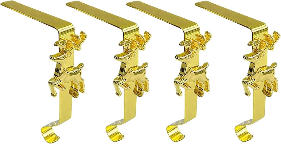 Christmas Stocking Hangers Set of 7 Heavy Duty Adjustable Mantel Hooks with No-Damage Design for Fireplace Reusable Gold Snowflake Reindeer Tree Decorations Easy Installation (E 4PC)