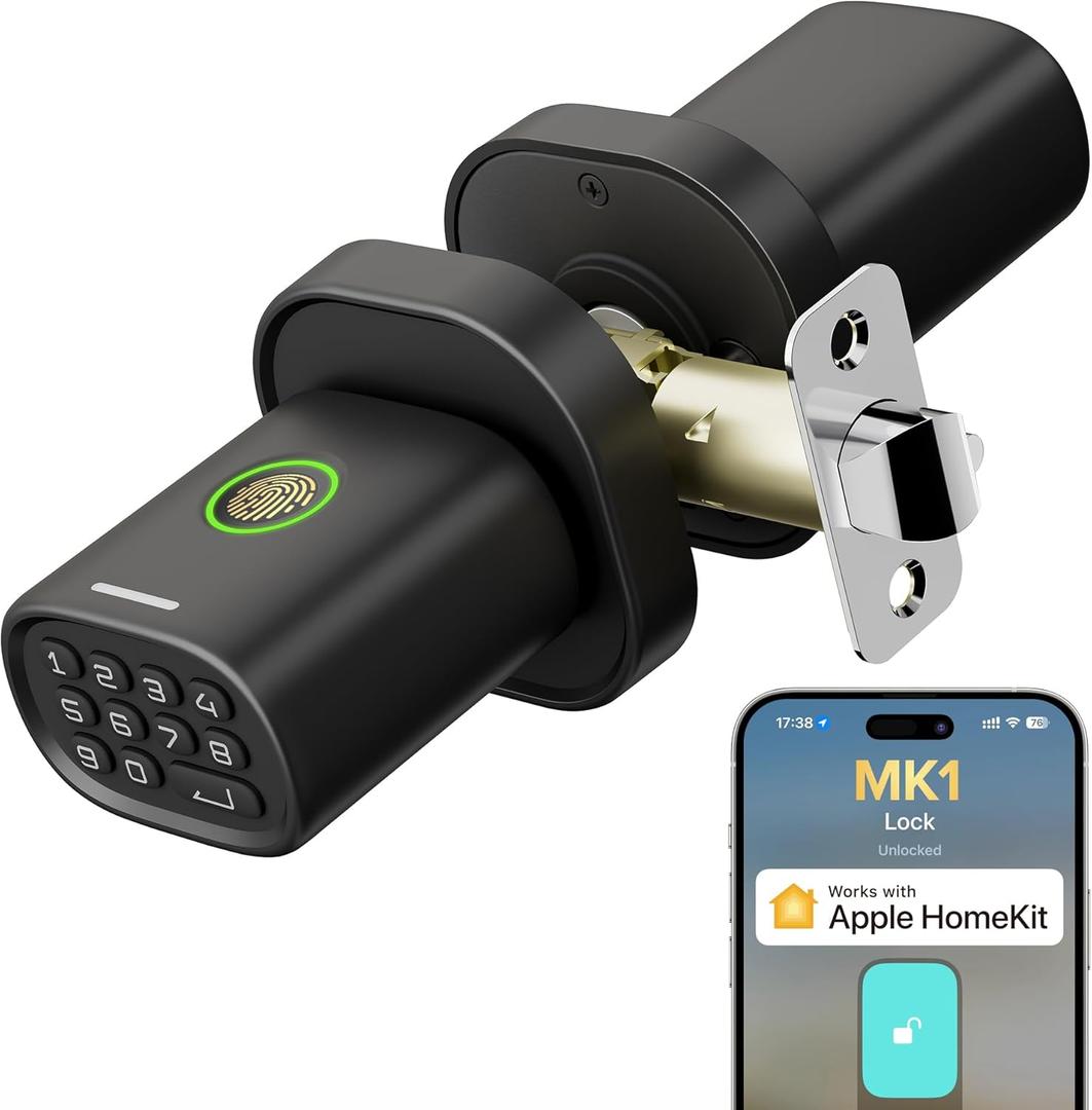 ThorBolt Fingerprint Door Lock with Keypad Door Knob, HomeKit Lock Over , HomeKit Hub , Smart Lock for Interior Door, Bedroom, Office, MK1 Black