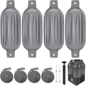 Dreizack Boat Fenders 4 Pack, Boat Bumpers for Docking with 4 Ropes, Inflatable Ribbed Marine Pontoon Boat Fender Bumper for Docks with 1 Storage Bag, 1 Air Pump and 4 Needles (8.5 inch, Grey)