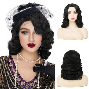 Black Curly Finger Wave Wigs for Women Long 1920s Wig Vintage Wigs Lady Synthetic Cosplay Costume Wig