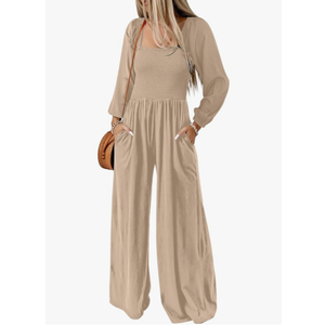 Dokotoo Women's Casual Loose Overalls Jumpsuits One Piece Long Sleeve Wide Leg Long Pant Rompers With Pockets M