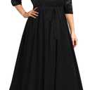 Women's Plus Size Lace Chffon Long Maxi 3/4 Sleeve V-Back Formal Dress (Black), 16 Plus 