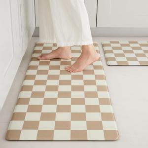 Checkered Kitchen Mats for Floor Set of 2, 2 Pcs Beige Khaki Cushioned Non Slip Runner Rugs for Kitchen/Sink/Laundry, Comfort Aesthetic Cute Anti-Fatigue Foam Floor Mat 17.3"x29.5"+17.3"x47.2"