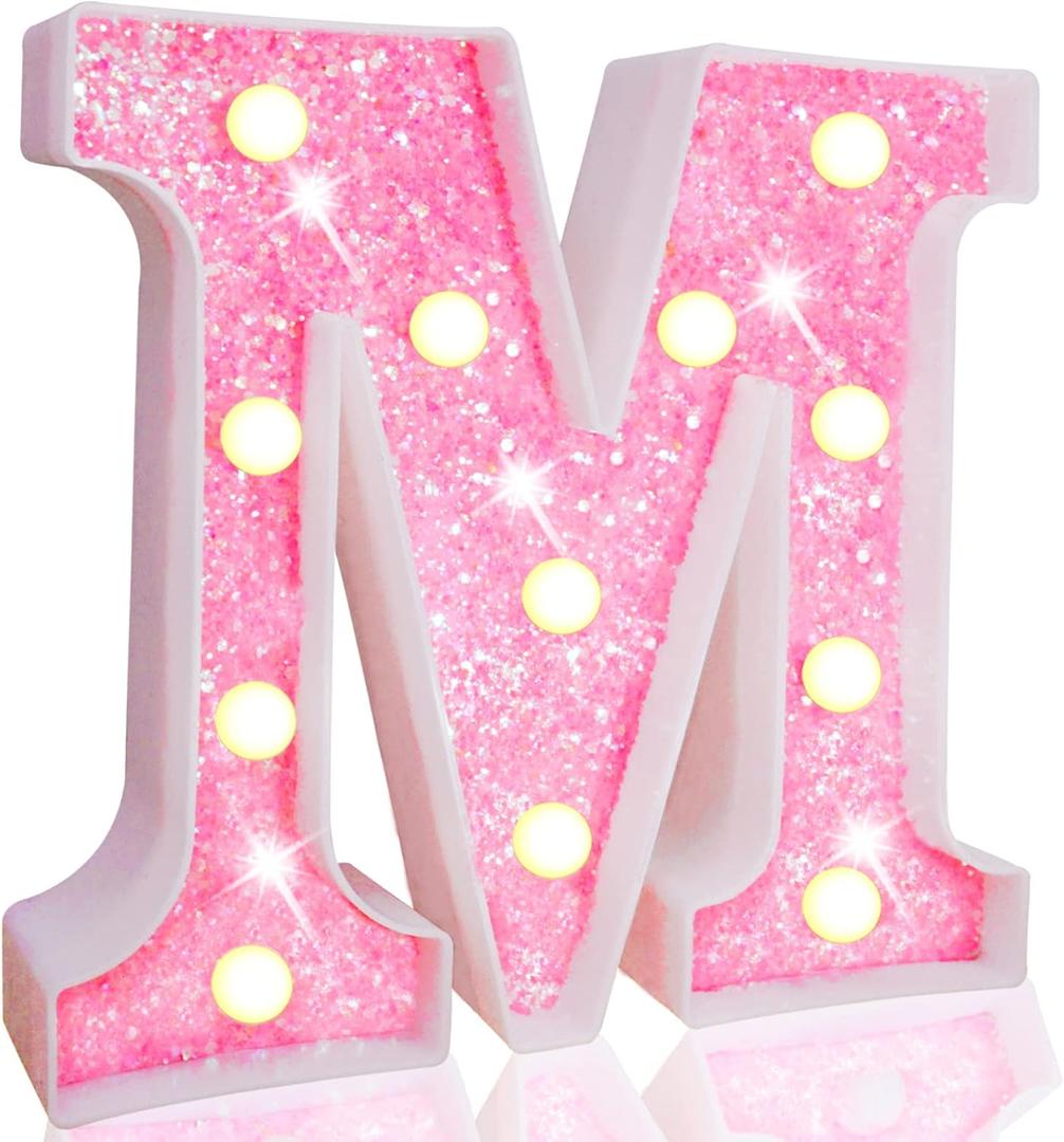 Pooqla LED Marquee Letter Lights, Light Up Pink Letters Glitter Alphabet Letter Sign Battery Powered for Night Light Birthday Party Wedding Girls Gifts Home Bar Christmas Decoration, Pink M
