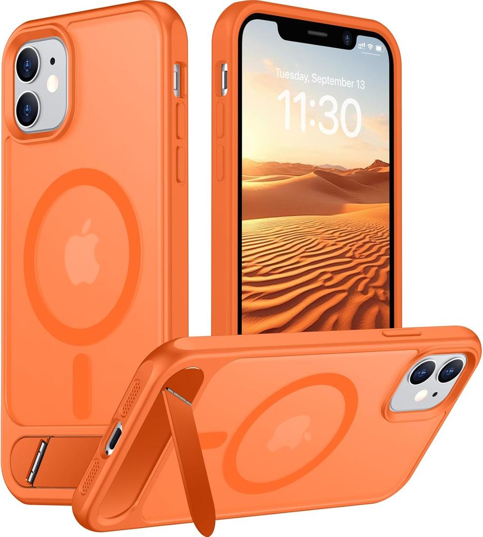 Temdan Magnetic Compatible with iPhone 11 Phone Case, [Built-in Invisible Kickstand][Compatible with MagSafe] [Military Grade Shockproof] Slim Translucent Matte Phone Case for iPhone 11 6.1" (Orange)