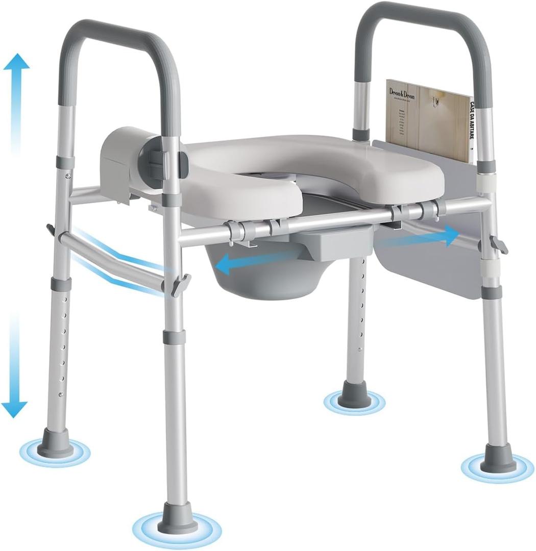 Bedside Commode for Seniors, FSA/HSA Eligible Bedside Toilet with Adjustable Width and Height, 400 LBS Weight Capacity, 16.5 Inch Extra Large Soft Seat Plate (Grey)