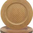 13 Inch Antique Gold Charger Plates Set of 6 Round Plastic Plates Matte Finish Faux Rattan Woven Texture Charger plates for Wedding Party Christmas (537)