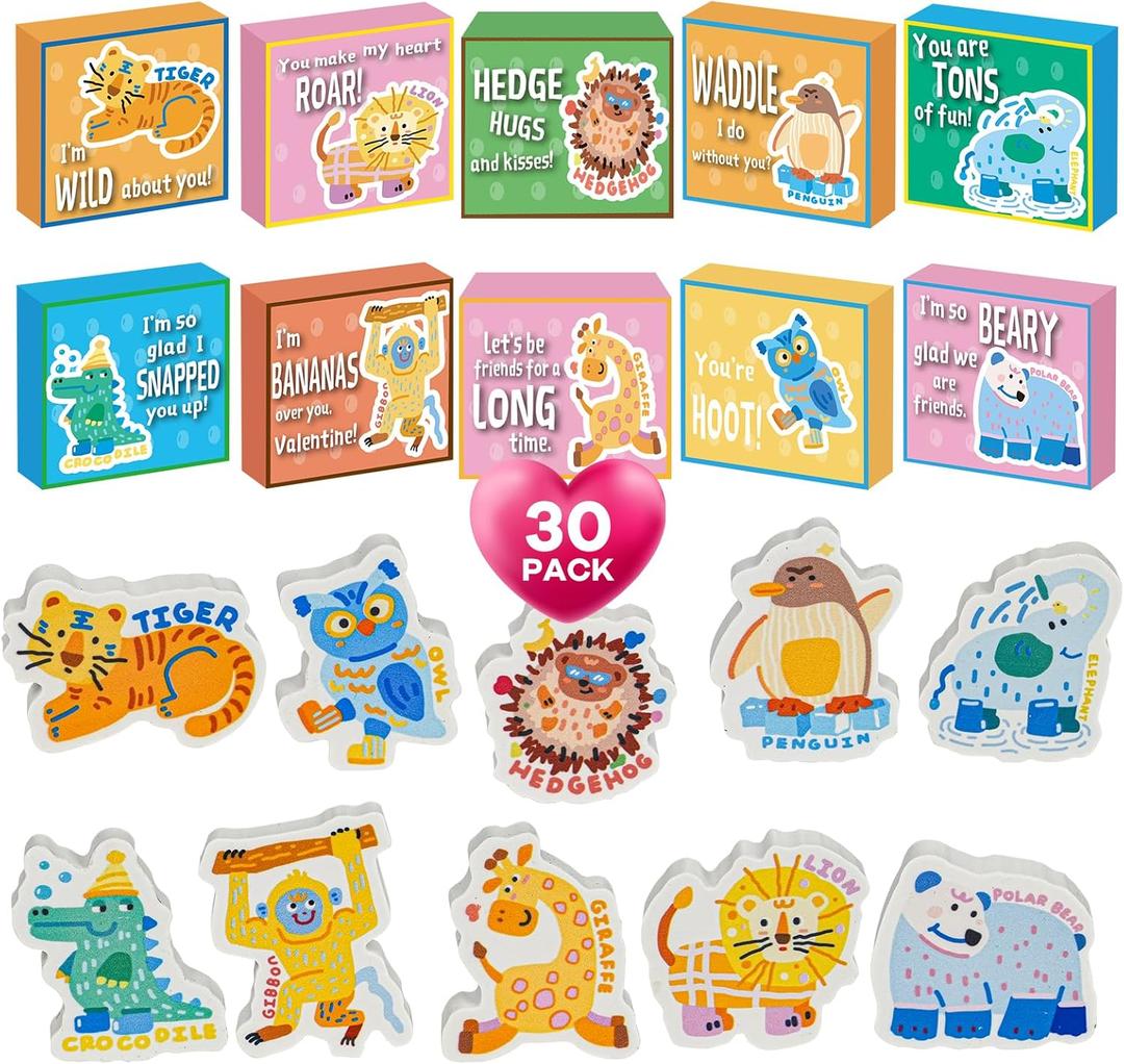 2 x Kids Valentines Day Gifts for School 30PACK - Animal Erasers and Gifts Boxes, Valentines Day Cards for Kids Toddlers Preschool Classmates Boy and Girl Classroom Exchange, Girl Birthday Return Gifts