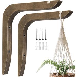 Wooden Plants Hanger, Plant Hangers Indoor Wall Mount, 8.58-Inch Hanging Plant Hooks for Wall, Basket Hooks for Lanterns, Flower Bracket, Wind Chimes, Lamp, Bird Feeders, Patio Decor(Brown 2PCS)