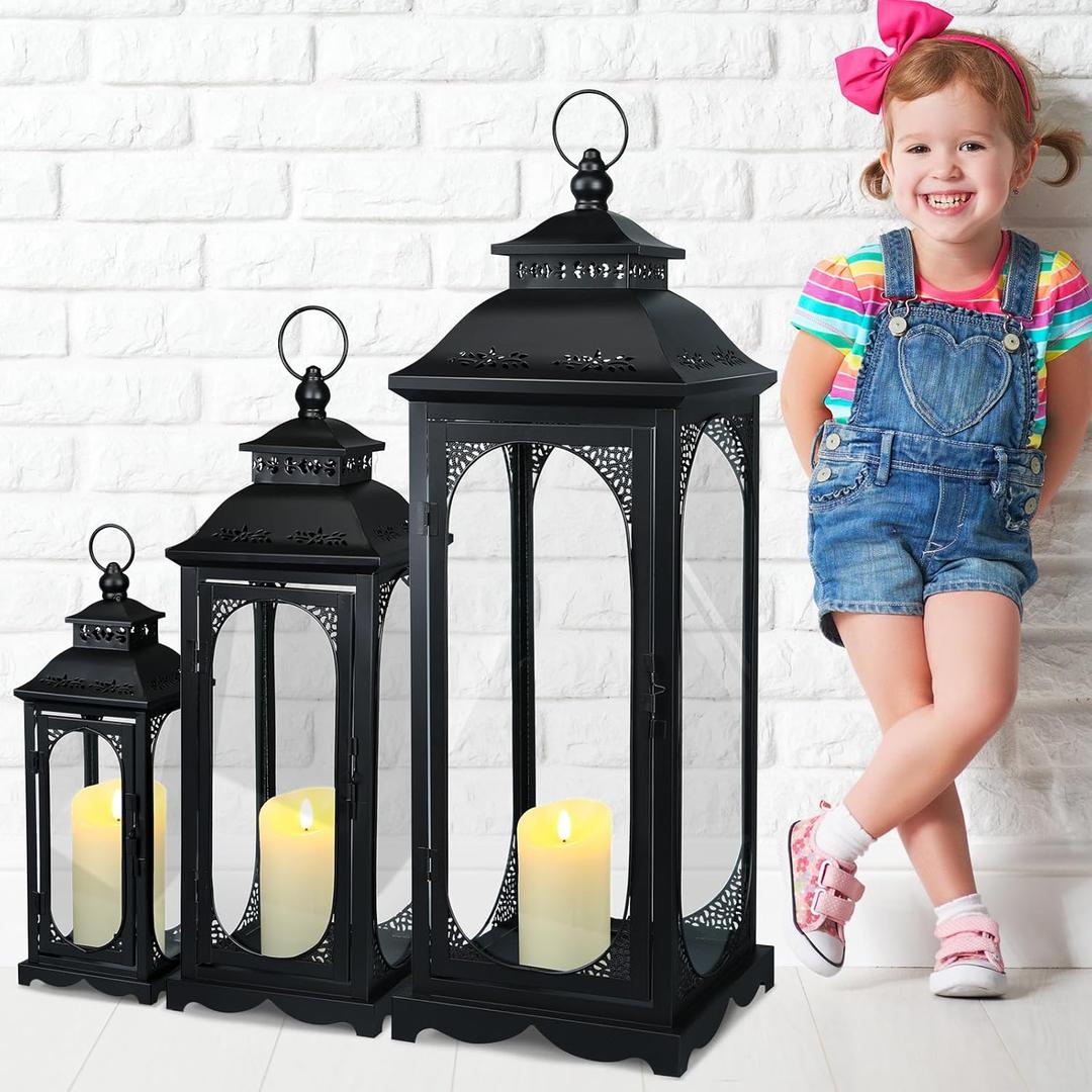 Mifoci Jumbo Black Metal Decorative Lanterns with Clear Glass Panel Hurricane Candle Lantern for Home Decor Party Event Tabletop Front Porch Wall Hanging Indoor Outdoor(3 Pcs,28'' 20'' 14'')