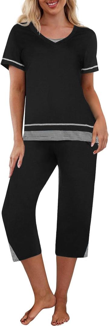 Ekouaer Capri Pajama Sets for Women Short Sleeve Tops Sleepwear Sleep Sets Pjs Sets Soft Two Piece Loungewear Sets (3X-Large, Black)