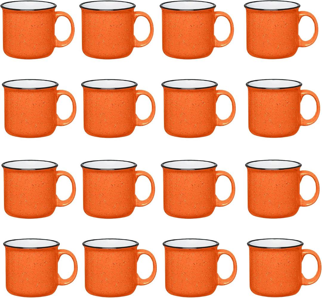 Set of 16 Ceramic Campfire Mugs – 15 Oz, Orange – Coffee & Tea Cups for Home, Work, Travel, Camping – Customizable, Great for DIY, Events, Companies