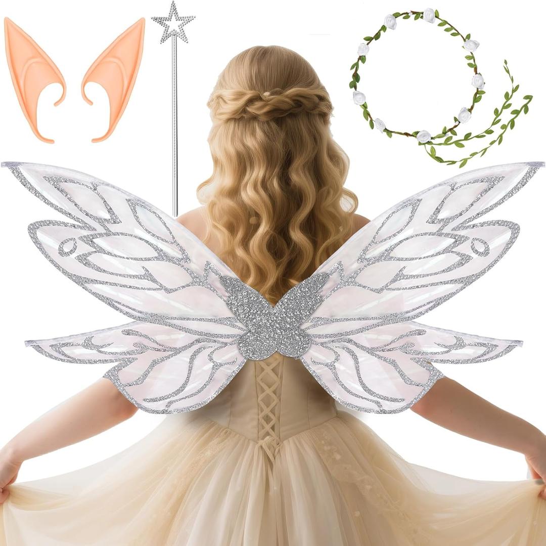 Fairy Wings Adult Women, 33.6"x13.8" Sparkling Adult Fairy Costume Set, Organza Butterfly Wings for Halloween (Silver)