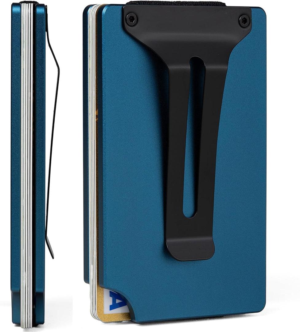 Wallet for Men, Slim Minimalist Metal Wallet with Money Clip/Cash Strap, RFID Blocking Front Pocket Aluminum Credit Card Holder, Ideal Gift for Men-Matt Navy