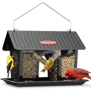 Kingsyard Bird Feeder for Outdoors Hanging, Dual-Use Metal Mesh Wild Bird Feeders with Seed Tray & Weatherproof Roof, 3 lbs Large Capacity, Black