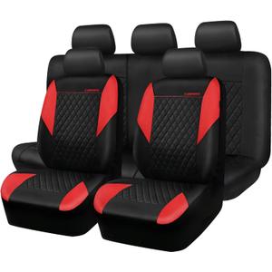 CAR PASS Red Leather Seat Covers Full Set-Universal Quilting Pretty Girly Car Seat Cover with 5mm Composite Sponge Inside,Airbag Compatible, Waterproof Delux Fit for Most Sedan,SUV,Cars (Full Set,Red) (Black and Red)