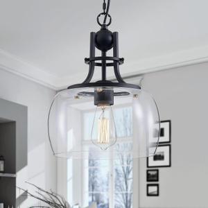 WUZUPS Chandelier Rustic Farmhouse Industrial Round Ceiling Pendant LED Light Fixture with Clear Glass Shades for Dining Room Kitchen Island Foyer Entryway, H 13" x W 10", E26 Base, Black