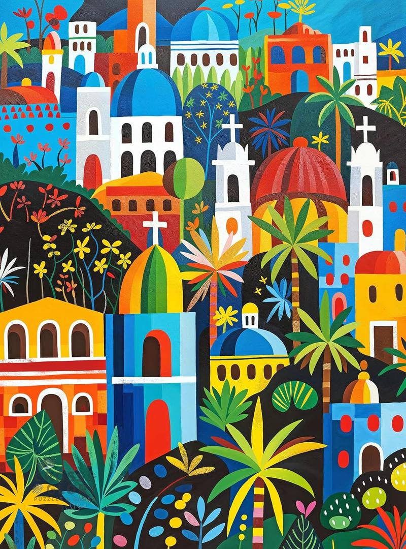 Cross & Glory - Vivid Vistas of Mexico - 1000 Piece Jigsaw Puzzle for Adults | Vibrant Folk Art Puzzle | Best New Mexican City Puzzle | Eco-Friendly & Challenging