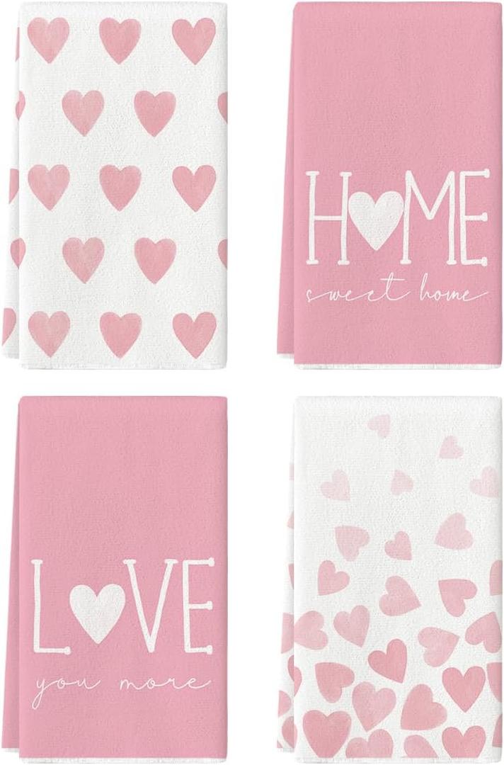 Artoid Mode Pink Heart Love Valentine's Kitchen Towels Dish Towels, 18x26 Inch Farmhouse Anniversary Wedding Decoration Hand Towels Set of 4