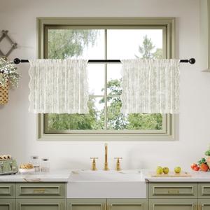 Anmao Vintage Lace Kitchen Curtains 18 Inches Long 2 Panels, Romantic Semi Sheer Floral Over Sink Lacy Cafe Curtain, Elegant Window Short Small Drapes, 55W x 18L, Ivory White