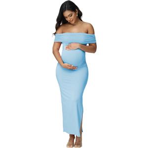 Women's Maternity Mesh Off Shoulder Sleeveless Split Party Midi Dress for Baby Shower Photoshoot Gown, XL