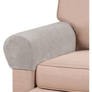 PrinceDeco 4 Pack Thick Velvet Stretch Armrest Covers for Chairs and Sofas - Non Slip, Oatmeal