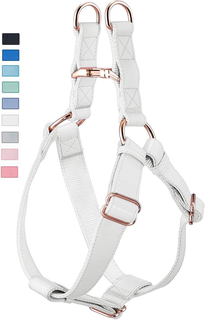 Soft Leather No Pull Dog Harness - Adjustable Step in Dog Harness with Rose Gold Heavy Duty Metal Buckle, Freedom Nylon Dog Halter Vests for Small Medium Large Dogs Easy Walking Training (White,M) (M (Neck&Chest Girth 20"-26"x Width 1"))