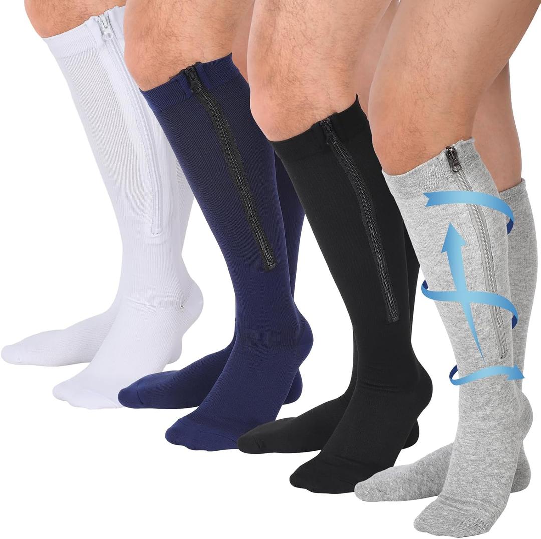 Tarpop 4 Pairs Men Zipper Compression Socks Colorful 20-30mmhg Compression Stockings with Zipper for Men Women Swelling Edema (XX-Large)