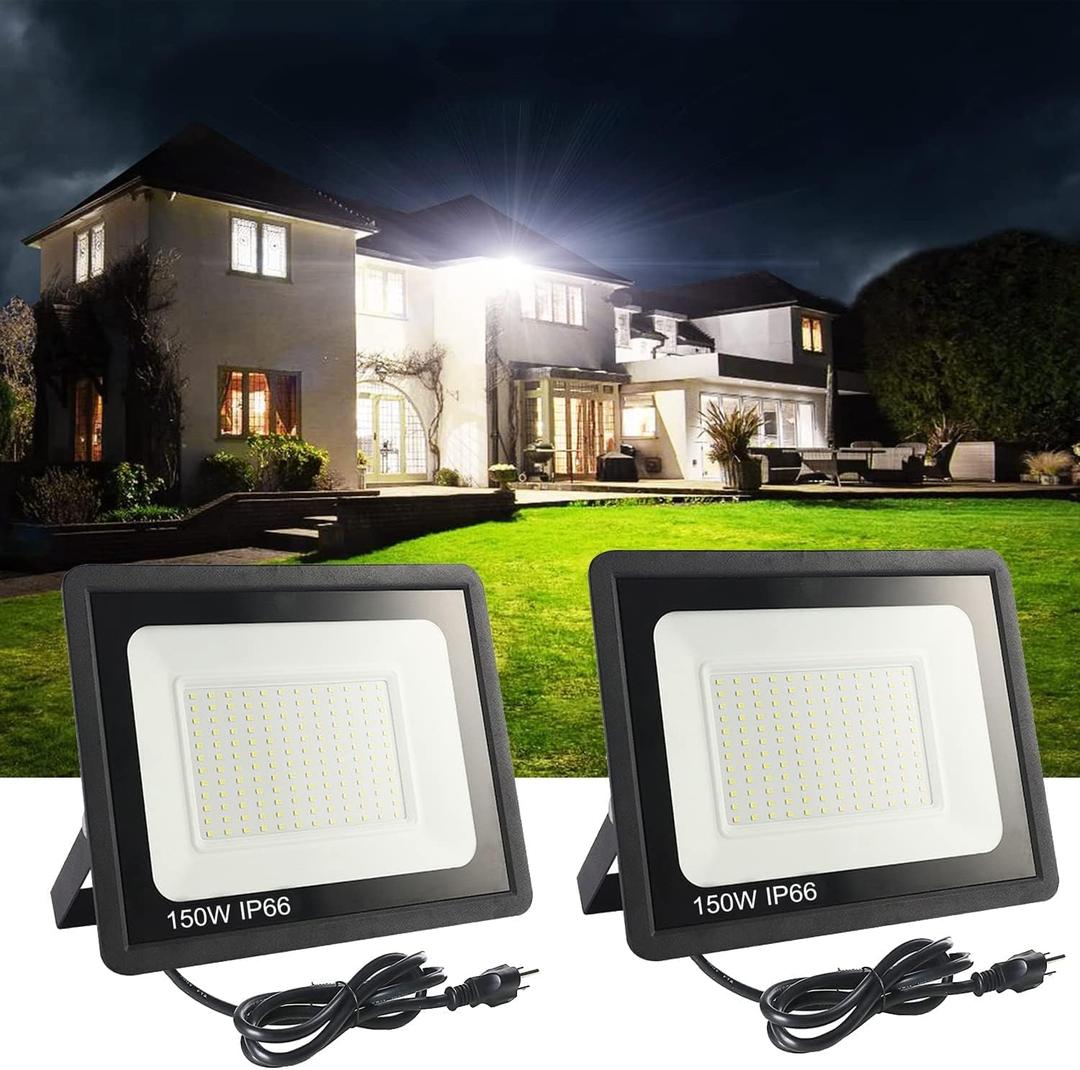 2Pack LED Flood Light Outdoor,150W LED Work Light 15500lmwith 6FT US Plug,IP66 Waterproof Exterior Security Lights,6000K Daylight White Outside Floodlights Slim Design for Playground Yard