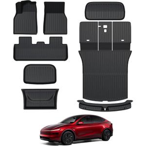 Tesla Model Y Floor Mats for 2025 2026 Juniper, 8PCS All Weather Full Set Cargo Liners Accessories, 3D TPE Odorless Floor Mat Trunk Frunk Rear Well Mats Custom for 5-Seater(Not Fit 7Seat)