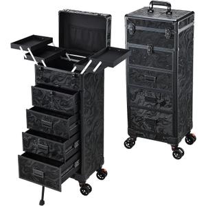 Stagiant Rolling Makeup Case with Drawers Cosmetology Case on Wheels 5 IN 1 Makeup Case 4 Drawers with Foot Stand Spring-release Mechanism Rolling Make Up Organizer for Artist Salon Nail Teach Trunk