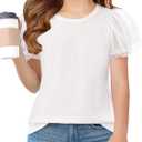Arshiner Girls Shirts Size 10-12 Puff Short Sleeve Shirt for Girls Crew Neck Casual Blouse Summer Kids Tops Size 10-12 White