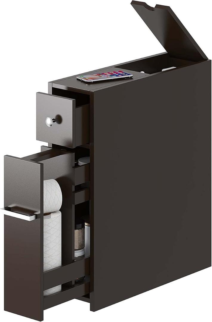 Spirich Slim Bathroom Storage Cabinet, Free Standing Toilet Paper Holder, Bathroom Cabinet Slide Out Drawer, Espresso, Large