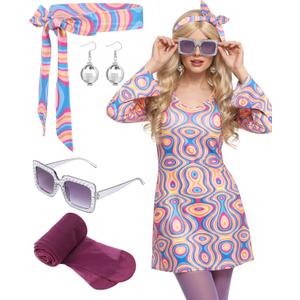 Janmercy 5 Pcs 70s Disco Outfit for Women Hippie Costumes Accessories 70s 80s Halloween Decades Party Cosplay (Medium)