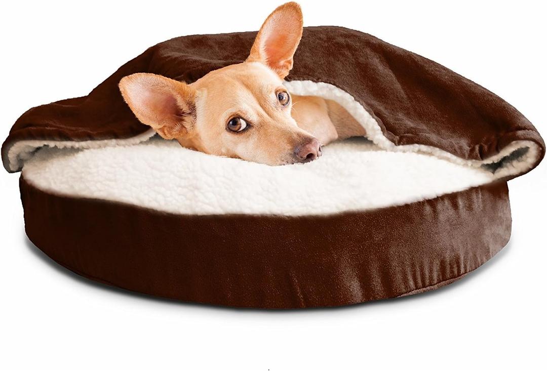 Furhaven 26" Round Orthopedic Dog Bed for Medium/Small Dogs w/ Removable Washable Cover, For Dogs Up to 30 lbs - Sherpa & Suede Snuggery - Espresso, 26-inch