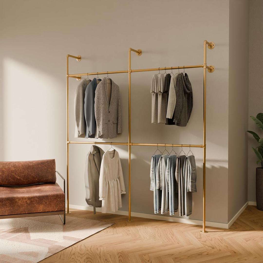pamo Industrial Pipe Clothing Rack Gold - 660 lbs Capacity - Wall Mounted Clothes Rack and Walk In Closet for Wardrobe (2, No Shelf)
