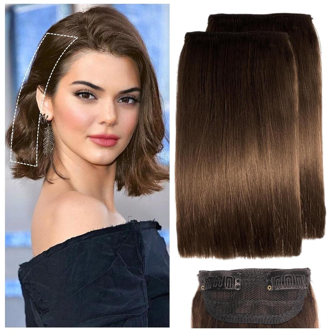 2 Pcs Short Hair Extensions, Human Hair Clip in Extensions for Women 8 Inch Chocolate Brown