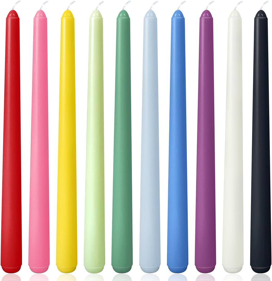 10 Inch Colored Taper Candles for Religious and Spiritual Settings, 10 Pack Unscented Candlesticks for Holiday, Seasonal Celebration and Home Decoration