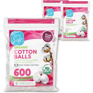 Simply Soft Premium Organic Cotton Balls, 600 Count (3 Bags) 100% Pure Cotton, Certified, Hypoallergenic, Large, Soft & Absorbent for Beauty, Cosmetics, Skin Care, Lint Free