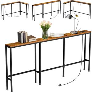 70" Narrow Console Sofa Table with Power Outlets & 2 USB Ports, L Shaped Behind Couch Table Skinny, 3 Assembly Options Entryway Tables with Charging Station for Living Room, Hallway, Brown, 70IN
