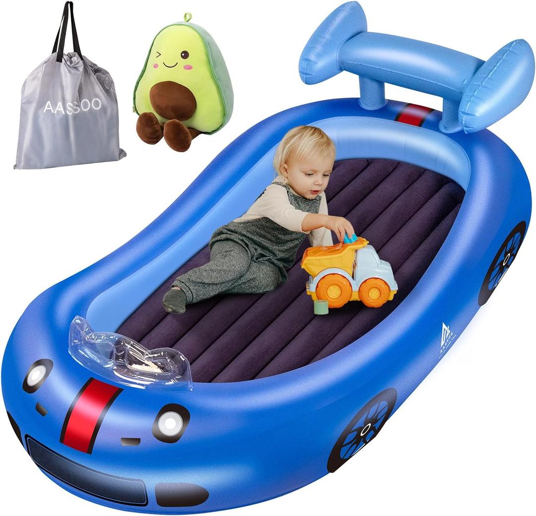 Blow up Inflatable Toddler Travel Bed with Sides, Toddler Air Mattress for Camping, Traveling, Hotel, or Home Use,Avocado Plush Toy Included (Snuggle Luxe, Blue)
