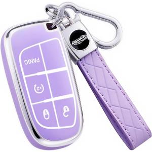 Key Fob Cover for Jeep - Premium Soft TPU Shell Full Protection Case with Keychain, Fits Grand Cherokee Compass Renegade Chrysler Dodge RAM Durango Challenger Journey Dart Fiat, Purple, 4-Button