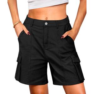 LYHIPSS Cargo Shorts Women Bermuda Knee Length Long Hiking Shorts with Pockets Elastic Waist for Summer Casual Trendy Outfits (Large, Black)