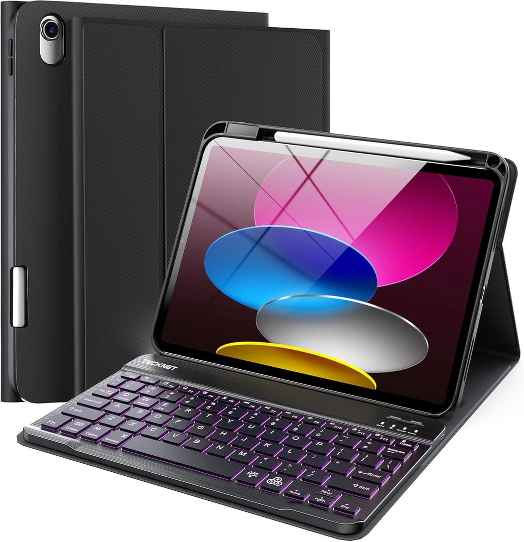TECKNET for iPad A16 11th/10th Generation Case with Keyboard, 7 Color Backlight, Detachable Wireless Bluetooth Keyboard Case with Pencil Holder for iPad 2025/2022, Thin & Light, Black (Standard)