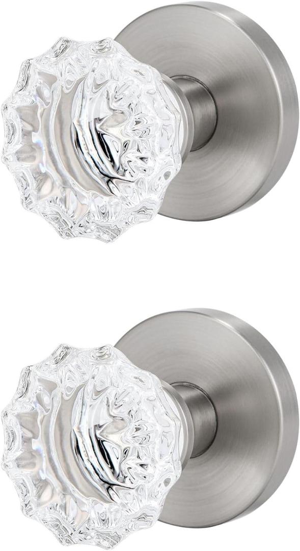 Glass Crystal Door Knobs, Dummy Door Lever, Interior Door Handle Single Sided Decorative for Hall Closet, Silver Round Modern Zinc Alloy Base, 2 Pack (Stain Nickel, Dummy)
